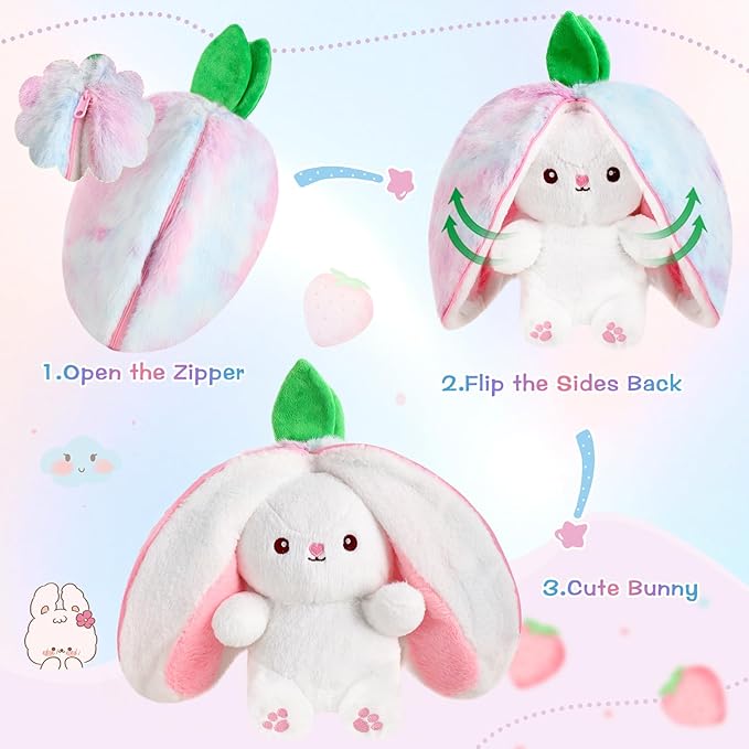 MIAODAM Rainbow Strawberry Bunny Stuffed Animal, Nebula and Strawberry Bunny Plush Turn Into Rabbit Fruit Doll Pillow, Plushie Cute Bunny Toy for Baby and Kids (10 inch)