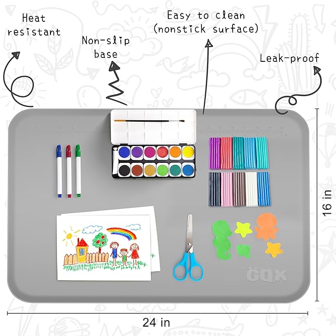 Silicone Art Mat for Crafts, 24" x 16" Painting Mat for Kids with Raised Sides to Stay Tidy, Paint Craft Mats for Clay, Resin, Slime, Jewelry-Making & Crafts Creation (Gray)