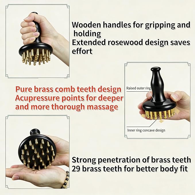 Cellulite Massage Tool 29 Teeth Copper Gua Sha Brush, Home SPA Body Relaxing and Stress Relief Handheld Massager, Meridian Massage Brush for Arms, Thighs, Glutes and Stomach (1 Pcs)