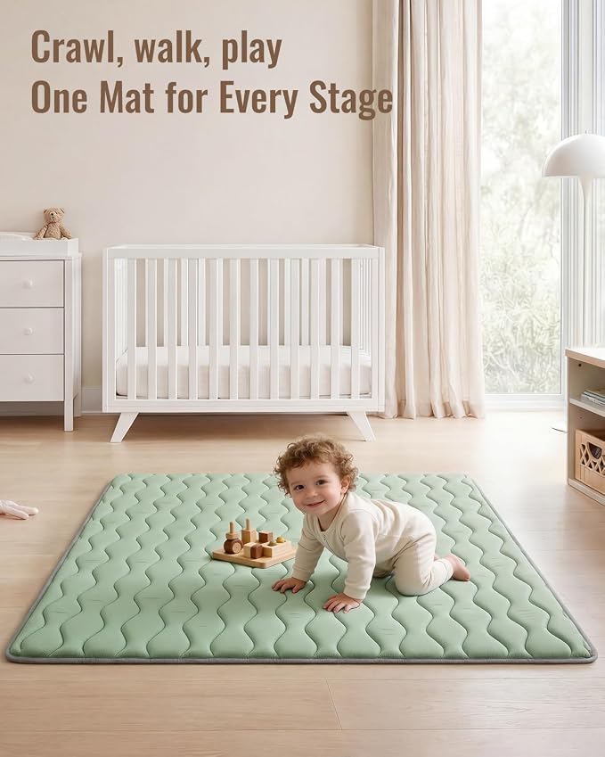 Blissful Diary Portable Baby Play Mats for Floor, 43" X 43" Thicker Cushioned Foldable Baby Crawling Mat for Indoor Outdoor, Non-Slip & Washable Kids Playmat for Tummy Time Activity, Sage Green