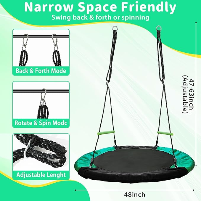 YSEJOMP 4FT Round Tree/Saucer Swing with Handles -Made of Sturdy Frame,PP Mat,Adjustable Multi-Strand Ropes,Safe and Durable for Yard Garden Playground Park (Black and Dark Green, 48 inches)
