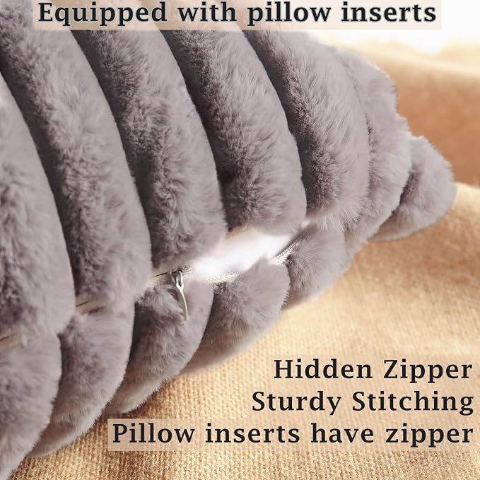 Decorative Throw Pillow with Inserts, Set of 2 Soft Faux Fur Throw Pillows, Square Boho Striped Pillow for Couch, Bed, Sofa Decor (Gray, 20" x 20"(Pack of 2))