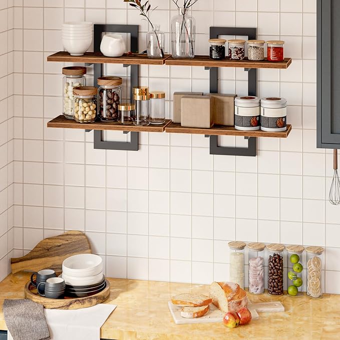 HOOBRO Floating Shelves for Wall, 15" Wall Shelf Set of 2, Wall Mounted Storage Shelves 2-Tier, Hanging Bathroom Shelves, for Living Room, Bedroom, Bathroom, Kitchen, Rustic Brown and Black BF32BJ01G1