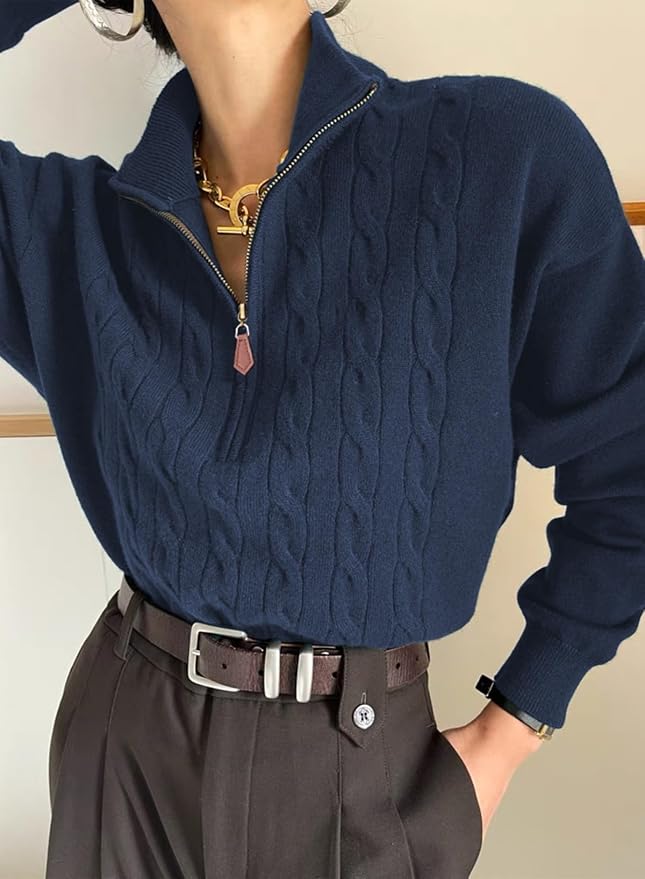 Dokotoo Women's Sweaters 2026 Fall Winter Quarter Zip Ribbed Cable Knit | Long Sleeve,Polo Neck,Lightweight Knit Pullover,Soft Comfy Tops,Casual Trendy Outfits,Fashion Clothing