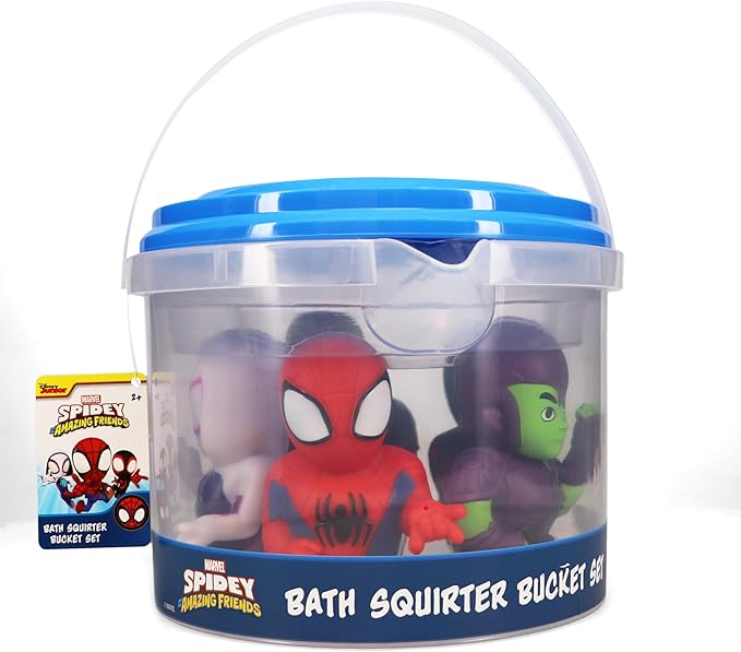 Marvel Spidey & Friends - 5 Piece Bath Squirter Bucket Set - Bath Toys for Baby and Toddlers - Includes Organizer Bucket - Store Bath Time Water Toys