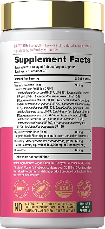 Carlyle Women's 30 Billion CFU Probiotic | 22 Strains plus Cranberry for Healthy Vaginal ph and Yeast Balance | 30 Capsules | Vegan, Non-GMO and Gluten Free | For Her