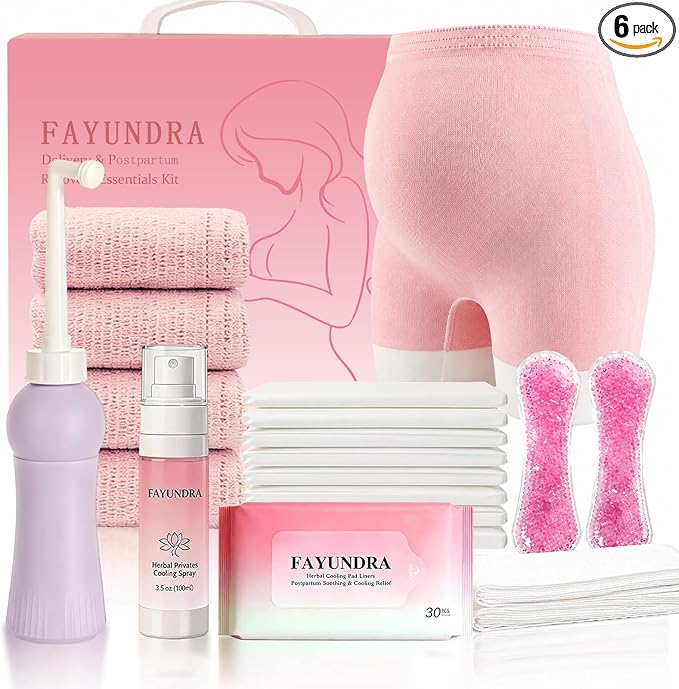 Postpartum Recovery Kit for Mom After Birth, Recovery Essentials with Peri Bottle, Cooling Spray, 4 Disposable Underwear, 30 Pad Liners & Hot Cold Packs
