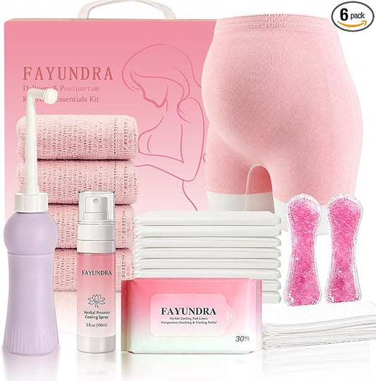 Postpartum Recovery Kit for Mom After Birth, Recovery Essentials with Peri Bottle, Cooling Spray, 4 Disposable Underwear, 30 Pad Liners & Hot Cold Packs