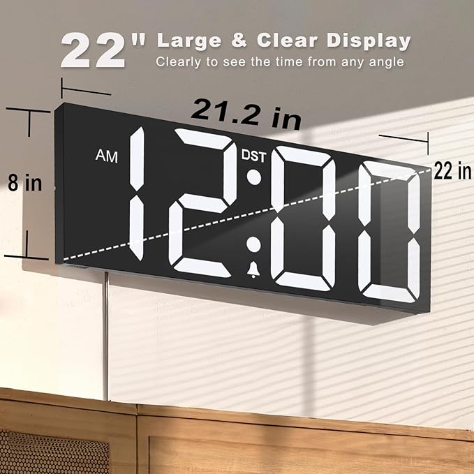 JALL 22" Large Digital Wall Clock, Big LED Number Dispaly, DST, Night Light for Classroom, Living Room, Bedroom, Mounted, Birthday Xmas Gift for Senior, Mem Womem Mom Dad, White