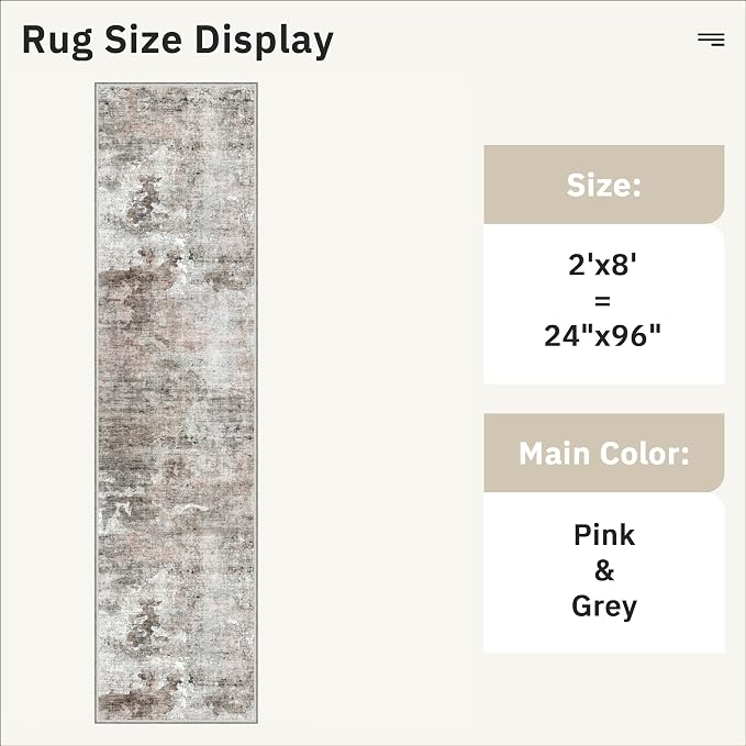 Soalmost Abstract Runner Rug 2x8 Hallway Kitchen Runners Pink/Grey | Vintage Washable Rugs for Bathroom Laundry Room, Low Pile Stain Resistant Floor Carpet Mat Entryway Corridor Bedroom
