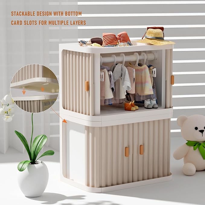 Creproly Doll Wardrobe Storage Box, Foldable Doll Closet with 10 Hangers and Rod for 15/17cm Doll Clothes Stackable Organizer Cabinet with Dust-Resistant Cover and Display Shelf (Pearl Grey)