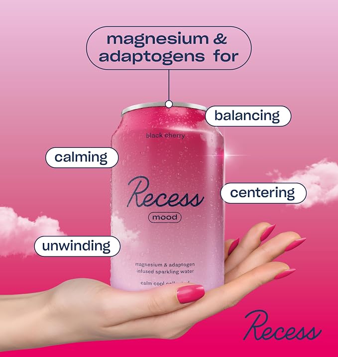 Recess Mood Magnesium & Adaptogen Drink, Relaxation Beverage, 12 ounce (Black Cherry, 12 pack)