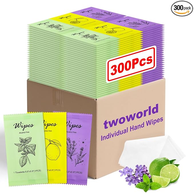 Individual Hand Wipes Wet Wipes Travel Size,Wet Wipes Individually Wrapped | 300PCS Bulk Cleansing Travel Size Wipes for Wedding Travel Restaurant Barbecue(Mint,Lemon,Lavender)