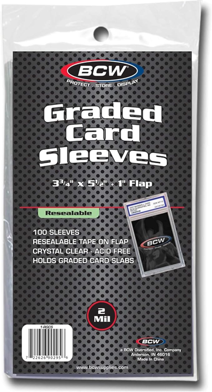 BCW Resealable Graded Card Sleeves | 100 Pack | Universal Fit for PSA, Beckett, SGC & More | Acid-Free Archival Polypropylene | 3¾ x 5½ with 1” Flap