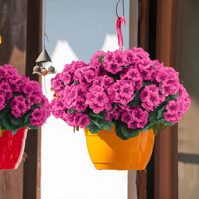 Hananona 12 Pcs Artificial Geranium Flowers for Outdoors Geranium Silk Flowers Outdoor UV Resistant Garden Plants Faux Flowers for Home Kitchen Table Centerpieces Decor (12, Rose Red)