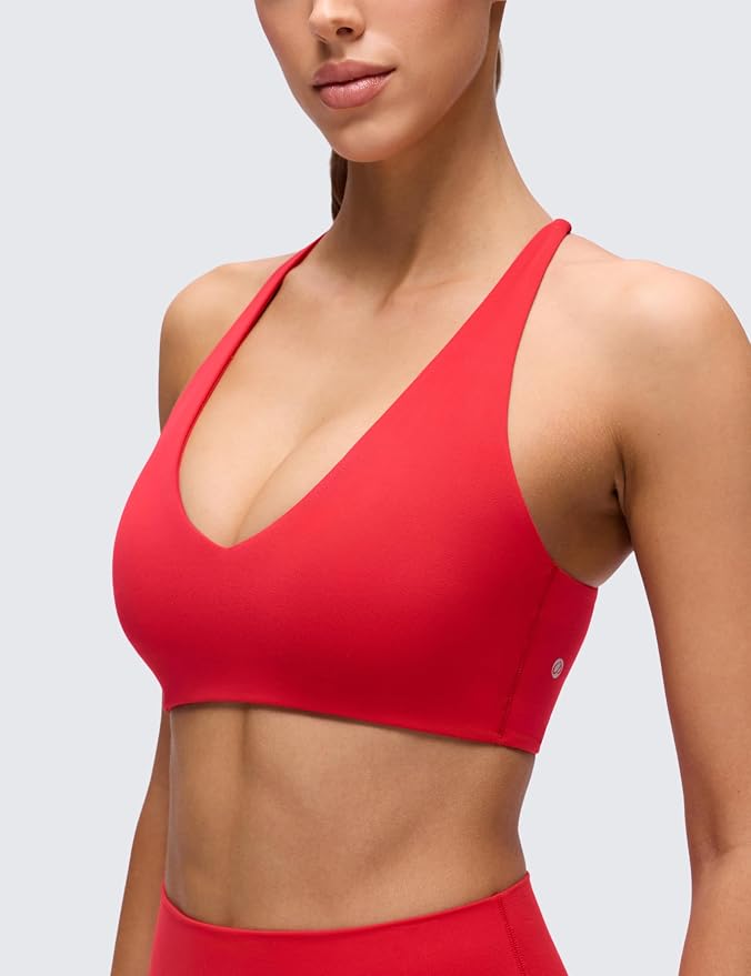 CRZ YOGA Butterluxe V Neck Twist Cross Back Sports Bras for Women - Adjustable Spaghetti Straps Padded Crop Yoga Top