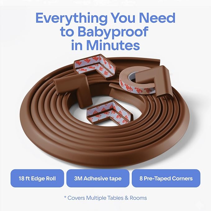 Baby Proofing Kit 18ft Edge Protector & 8 Corner Protectors, Non Toxic & Soft Rubber Foam, Baby Bumper & Corner Covers for Table, Desk, Crib, Fireplace, 3M Adhesive, Brown