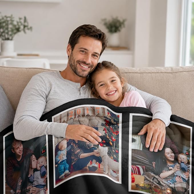 Fathers Day Birthday Gift for Dad Custom Blanket with 8 Photo & Text, Personalized Blankets with Picture to My Dad, HD Printing Customized Flannel Throw Blanket Gifts for Best Daddy Grandpa Ever