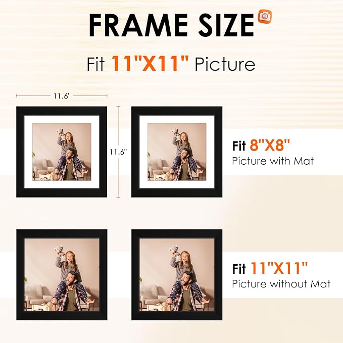 FIXSMITH 11x11 Picture Frame Set of 4, Photo Frame with HD Plexiglass, Display Pictures 8x8 with Mat or 11x11 Without Mat, Black Picture Frames Collage Wall Decor, Gallary Wall Frame