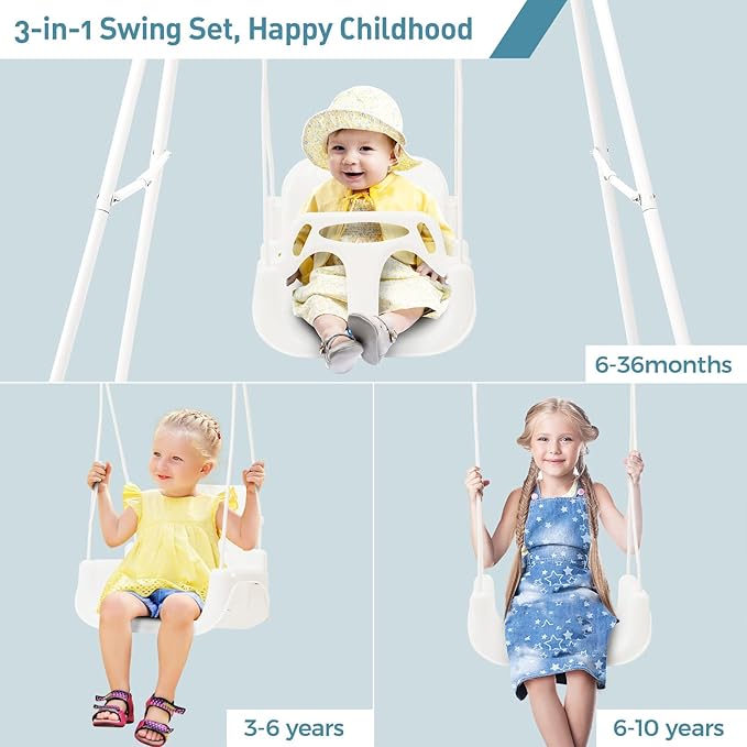 FUNLIO Toddler Swing with Foldable Metal Stand for Toddlers Aged 1~10 Years, 3-in-1 Baby Swing Set with 4 Sandbags for Backyard/Indoor/Outdoor Play, Easy to Assemble & Store, White