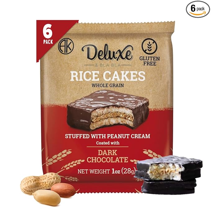 Deluxe & Bla Bla Stuffed Rice Cakes - Whole Grain Chocolate Rice Cake,Gluten Free,Low Calorie,Kosher Certified - peanut cream Filled Rice Cakes coated with Dark Chocolate, 28g Each (6 Pack)