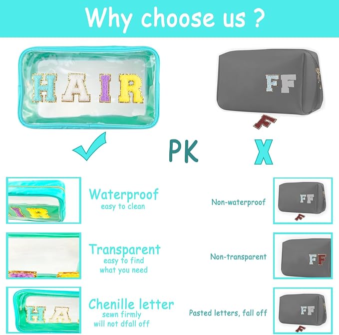 Bunliuys Chenille Letter Clear Makeup Bag Hair Patch, Travel Toiletry Makeup Bag with Handle, Nylon Waterproof Makeup Bags clear cosmetic bag, preppy patch makeup bag for Women (HAIR-Mint Green)