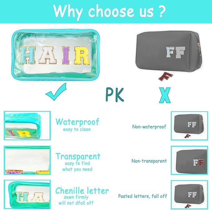 Bunliuys Chenille Letter Clear Makeup Bag Meds Patch, Travel Toiletry Makeup Bag with Handle, Nylon Waterproof Makeup Bags clear cosmetic bag, preppy patch makeup bag for Women (MEDS-Mint Green)