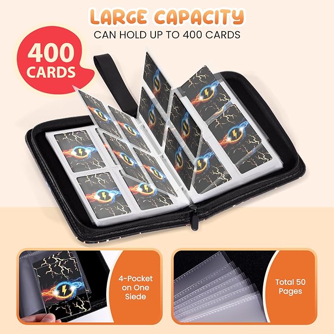 4-Pocket Trading Card Binder Bundle with 50 Sleeves Holds 400 Cards, Zipper Card Holder Album for Game and Sports Cards Collectors - Black