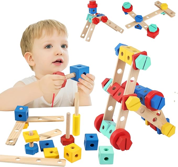 LOVELAND Wooden Nut & Bolt Building Toy for Kids Montessori STEM Construction Set with Tools, Educational Building Blocks for Toddlers Ages 3+ (Boys & Girls)