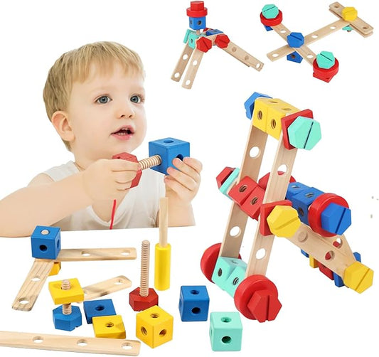 LOVELAND Wooden Nut & Bolt Building Toy for Kids Montessori STEM Construction Set with Tools, Educational Building Blocks for Toddlers Ages 3+ (Boys & Girls)