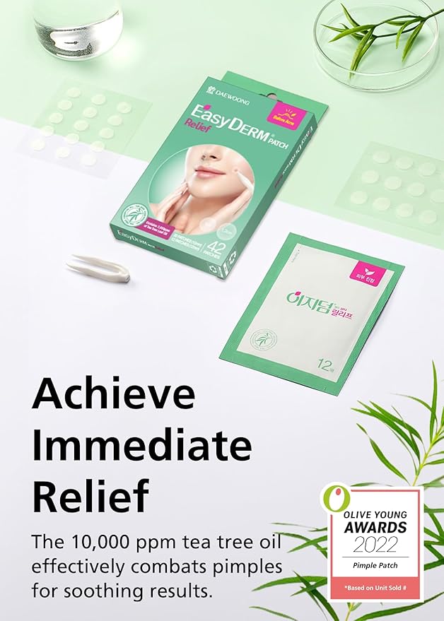 EasyDerm Relief Invisible Patch(42 counts) I Contains 10,000ppm of Tea Tree Oil, Pimple Patch, Ultra-slim 0.1mm, Waterpoof, Korean Pimple Patches Travel Essentials, Mother's day gift