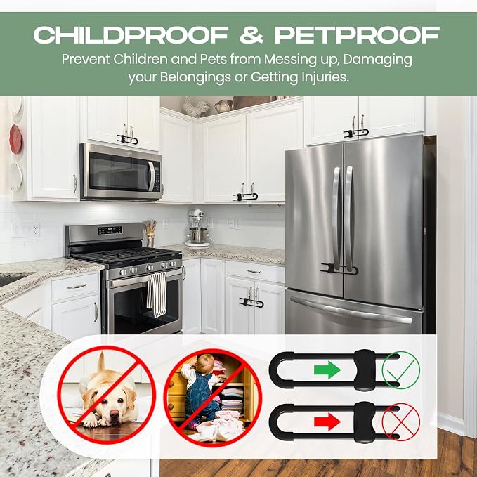 Jetec 10 Pack Baby Cabinet Locks, No Adhesive No Drill Child Safety Locks for Cabinets with Knobs or Handles, Adjustable U-Shaped Child Proof Latches for Cupboards, Fridge, Closet, Pets(White, Black)