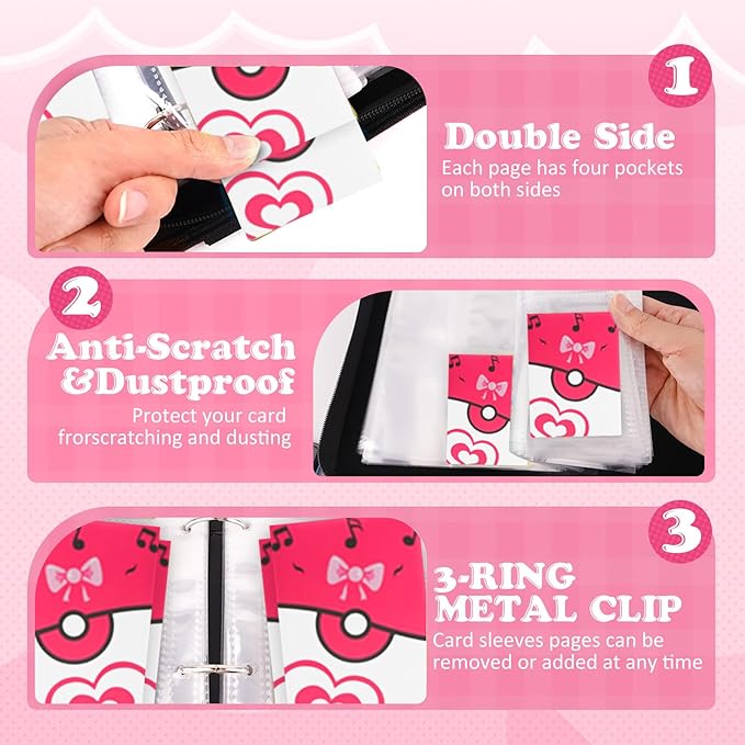 4 Pockets Trading Card Binder, 400 Card Holders with 50 Removable Sleeves, Portable Card Binder Album with zipper, Card holder Book for Game, Sport Collection (Pink)