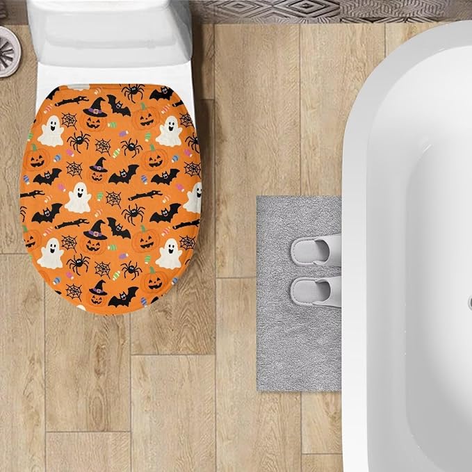 Toilet Seat Cover, Machine Washable Reusable Toilet Lid Cover, Bathroom Decorative Flannel Soft Toilet Lid Cover-Halloween Ghost Pumpkins