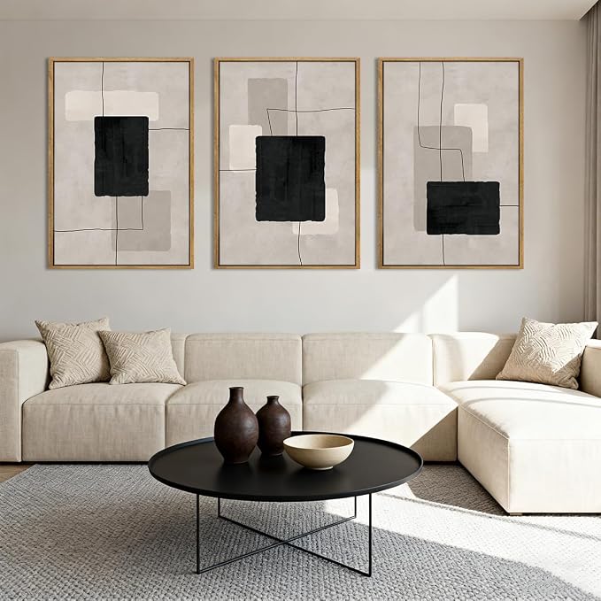 ANHUIB Modern Abstract Wall Art Canvas,Neutral Abstract Wall Art Framed,Contemporary Minimalist Prints,Geometric Line Artwork,3 Piece 16 * 24IN Mid Century Painting for Living Room Bedroom Office