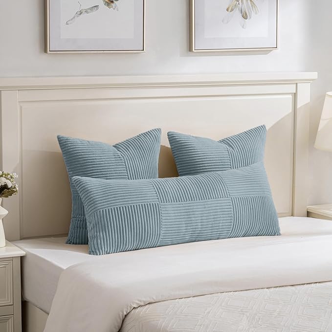 Fancy Homi Set of 2 Light Blue Decorative Throw Pillow Covers 22x22 Inch for Living Room Couch Bed Sofa, Farmhouse Boho Home Decor, Soft Cross Corduroy Patchwork Accent Square Cushion Case 55x55 cm