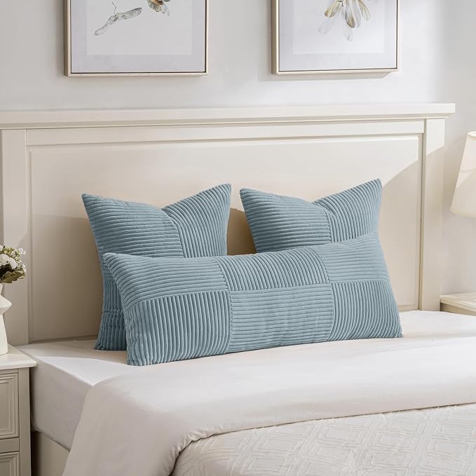 Fancy Homi Set of 2 Light Blue Decorative Throw Pillow Covers 18x18 Inch with for Couch Bed Sofa Living Room, Soft Cross Patchwork Striped Corduroy Coastal Blue Square Cushion Case 45x45 cm