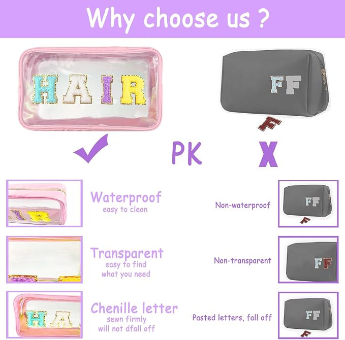 Bunliuys Chenille Letter Clear Makeup Bag Travel Patch, Travel Toiletry Makeup Bag with Handle, Nylon Waterproof Makeup Bags clear cosmetic bag, preppy patch makeup bag for Women (TRAVEL-Violet)