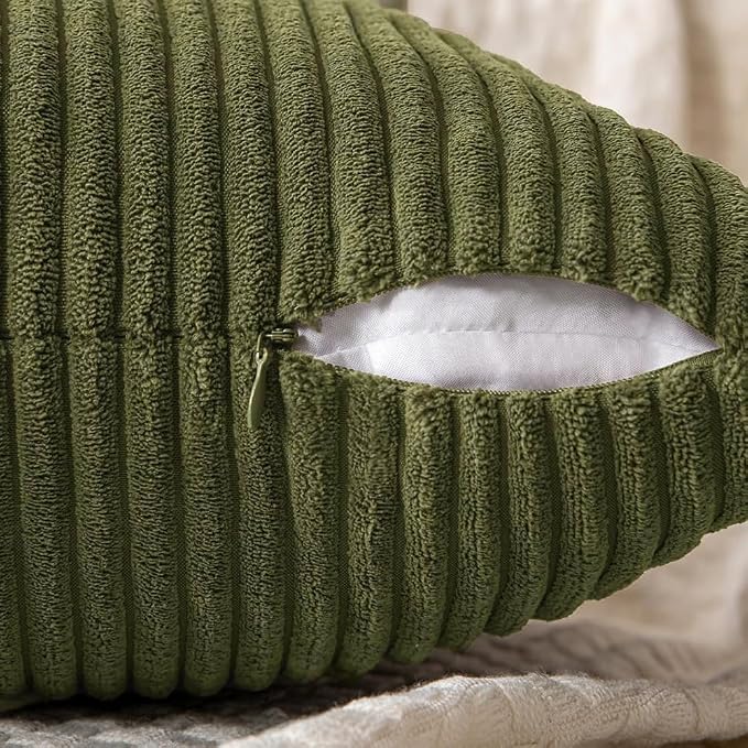 MIULEE Olive Green Decorative Throw Pillow Covers for Couch 18x18 Inch | 2 Pack, Boho Farmhouse Pillow Covers, Soft Cross Corduroy Patchwork Textured Cushion Cases For Bed Sofa