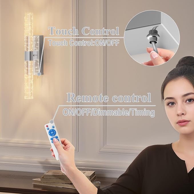 camuucci Battery Operated Wall Sconces Set of 2, Rechargeable Wall Lights | 12000mAh Long-Lasting Battery,Dimmable Cordless Sconce,No Wiring Needed for Bedroom,Living Room,Silver,15.3-Inch