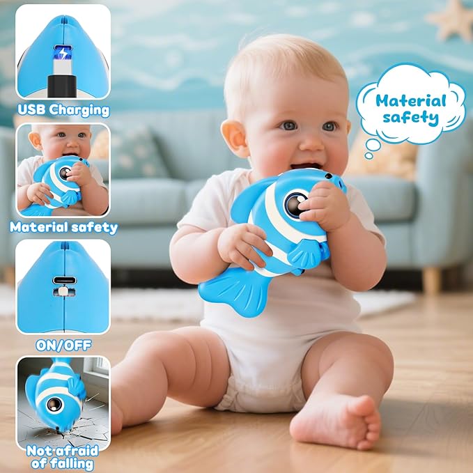 Crawling Fish Baby Toys, Novelty Tummy Time Toys for Babies 6-12 Months, Magic Swinging Fish Music Crawling Toys for Infant Toddler 12-18 Learning Crawl Walking Dancing 1st Valentines Days Gift