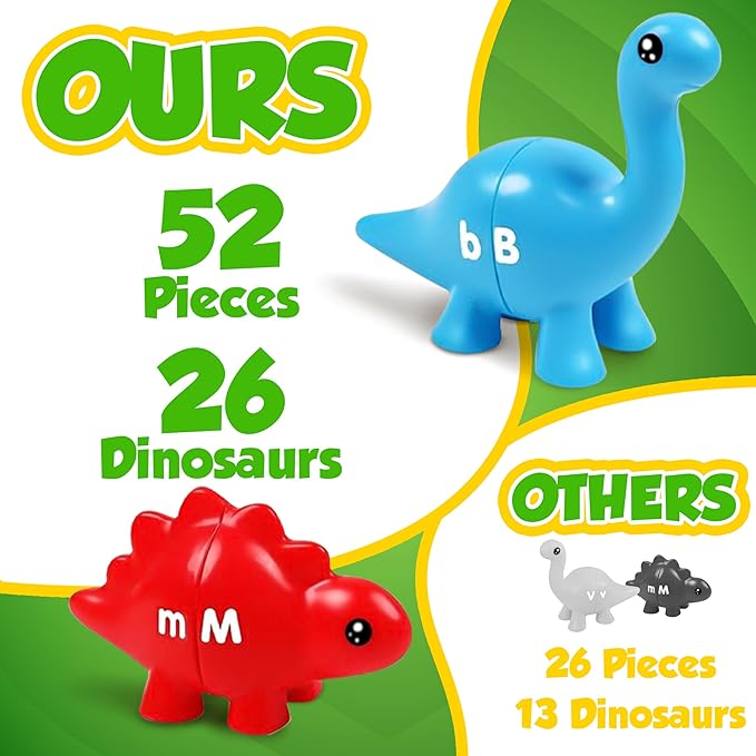Dinosaur Alphabet Learning Toys - 52pc in Storage Box | 26 Double Sided Dino Matching Toys | Preschool Dinosaur Letter Matching Toy for Toddlers 3-5