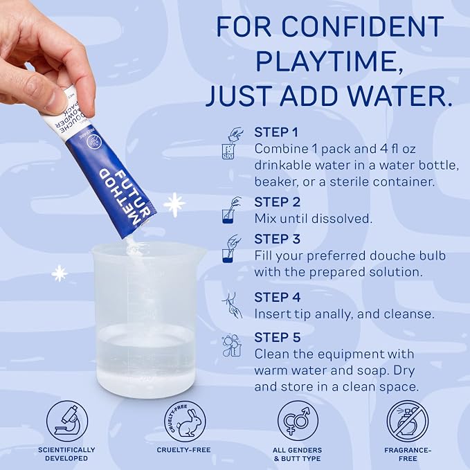 Anal Douche Powder with Reuseable Beaker - pH Balanced & Soothing Anal Flush Cleanser for Enema Bulbs (10 Pack)