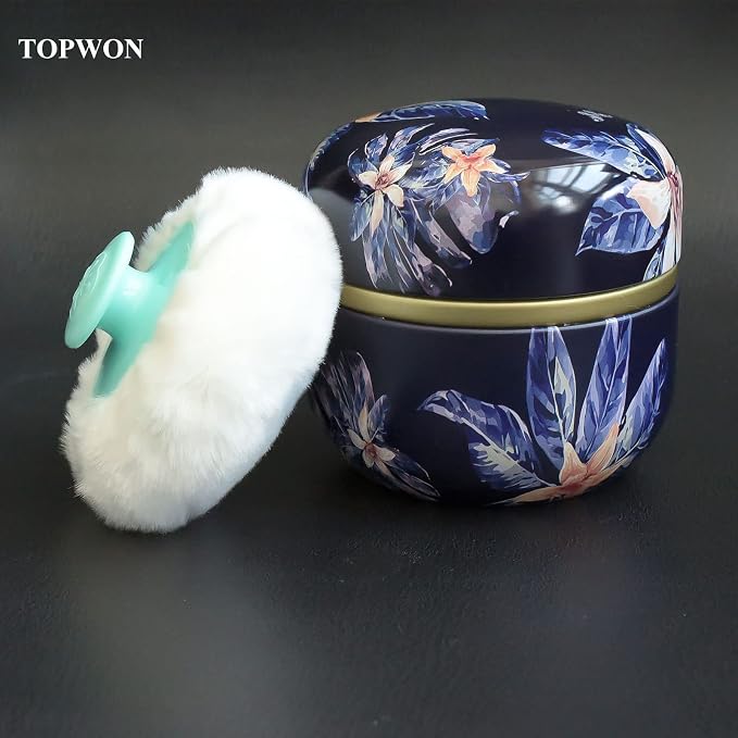 Topwon 3.15" Powder Case with Puff, BPA Free, Fluffy Plush Powder Puffs Container, Baby Women's Body Loose Dusting Dry Powder Box, Travel&Home Use, Blue Flower