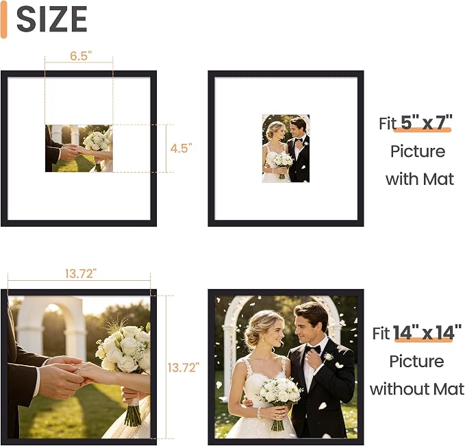 upsimples 14x14 Picture Frame, Display Pictures 5x7 with Mat or 14x14 Without Mat,Wall Hanging Square Frames, Black, 1 Pack