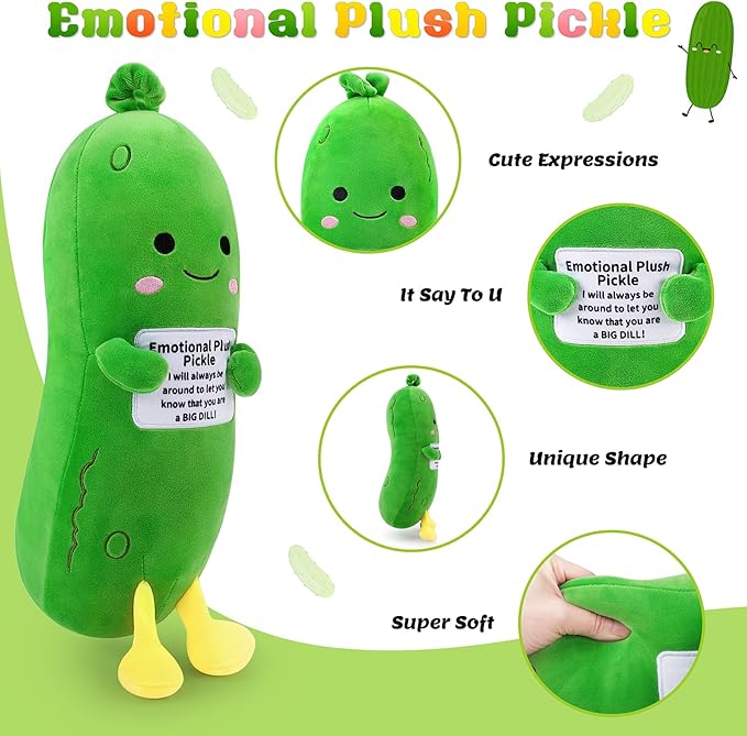 Emotional Plush Pickle,Pickle Stuffed Animal-12.6” Food Plushies Cucumber Stuffed Animal with Positive Words,Kawaii Plush Toys Birthday Gifts,Cute Vegetable Plushie Pillow for Kids Adults