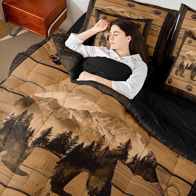Feelyou Rustic Bear Comforter Set with Sheets Farmhouse Black Bear 7 Piece Bedding Set Full Size for Kids Boys Girls Forest Animal Wildlife Hunting Theme Bed in a Bag