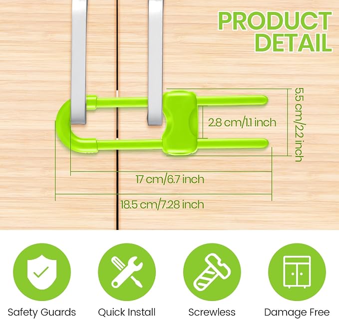Jetec 10 Pack Baby Cabinet Locks, No Adhesive No Drill Child Safety Locks for Cabinets with Knobs or Handles, Adjustable U-Shaped Child Proof Latches for Cupboards, Fridge, Closet, Pets(Green)