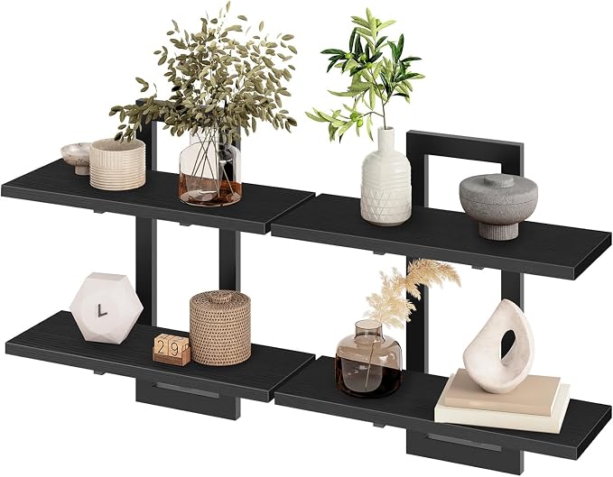 HOOBRO Floating Shelves, 15 Inch Wall Shelf Set of 2, Wall Mounted Storage Shelves 2-Tier, Hanging Bathroom Shelves, for Living Room, Bedroom, Bathroom, Kitchen, Black BK32BJ01