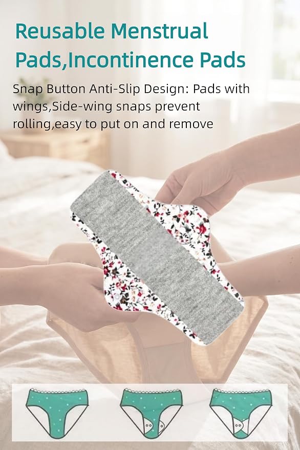 Washable Menstrual Pads,Reusable Incontinence Pads,Panty Liners Pads,Period Pads Sanitary Napkins,with 1 Storage Bag,for Women Postpartum/Incontinence Patients(Graphene Red flower/S/6pcs)